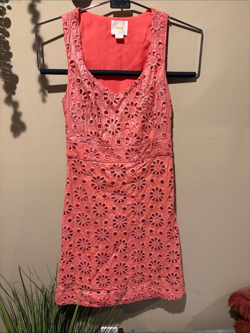 Anthropologie Maeve Coral Eyelet Floral Sleeveless Mini Dress
